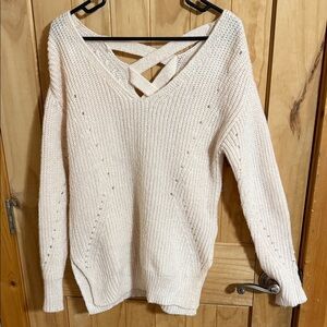 It's Our Time Cream V-Neck Sweater with Crisscross Back
